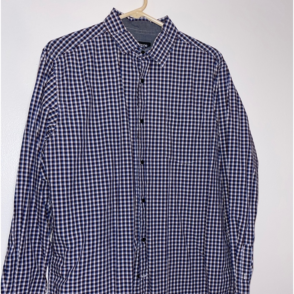 Dark blue, burgundy, and white plaid Claiborne Men’s dress shirt size L, 16-16.5